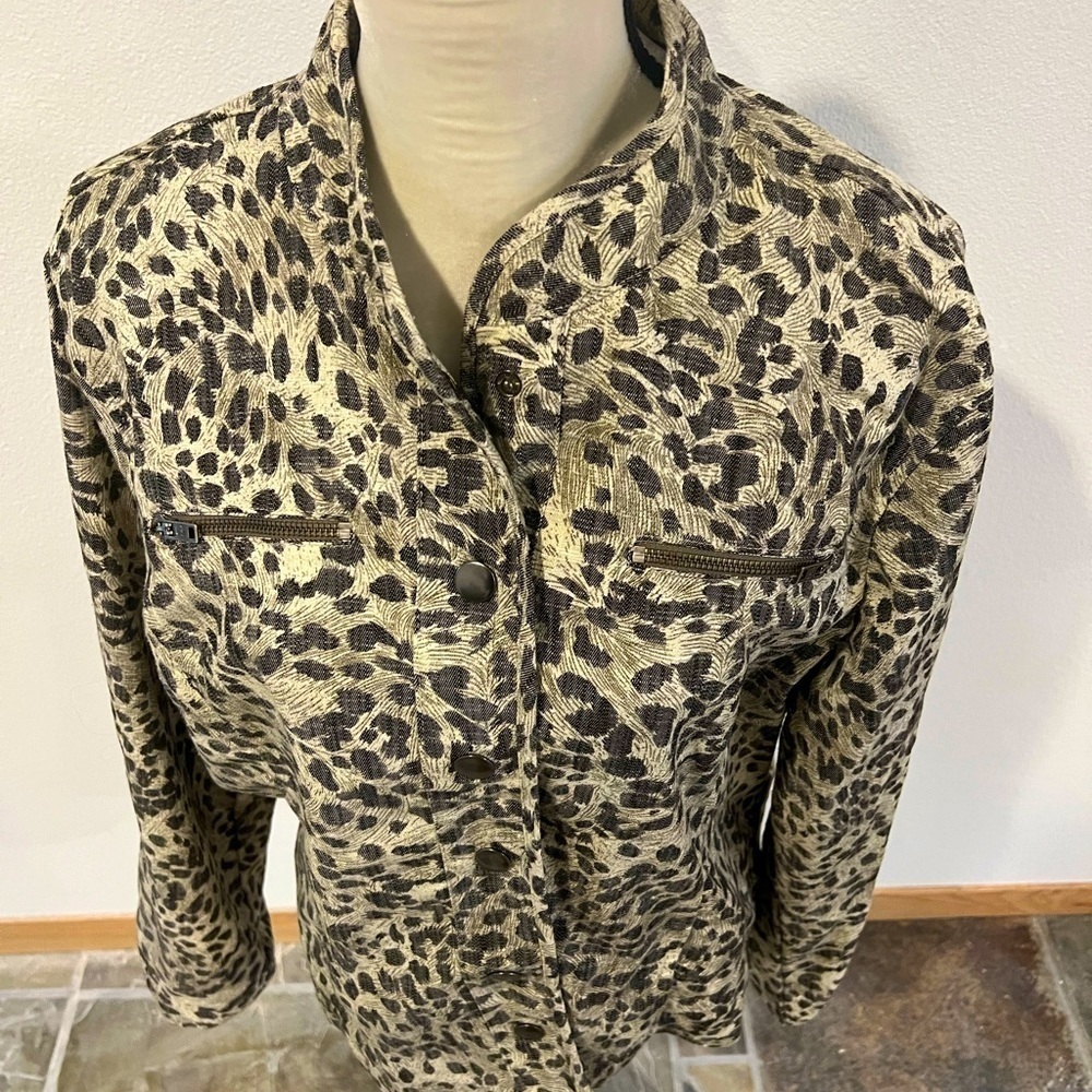 Bamboo Traders Leopard Print Utility Jacket XL Brown Tan Mock Neck Cotton